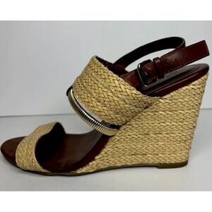 Mia Wedge Espadrille High Heel Ankle Strap Brown Faux Leather Gold Accent 10